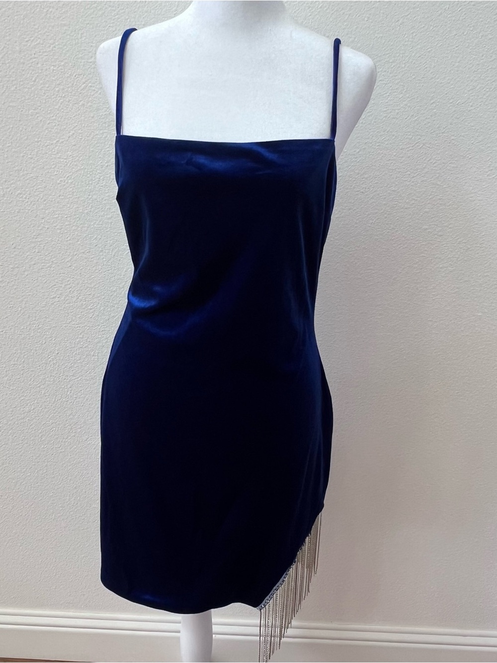 Windsor Navy Velvet Mini Dress with Rhinestone Fringe